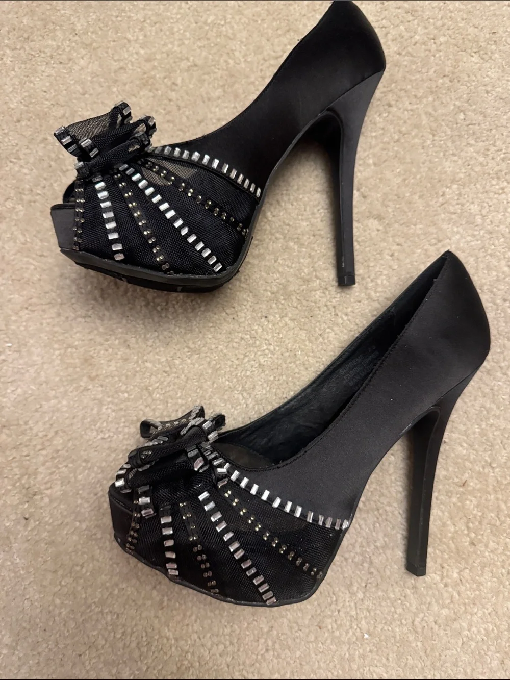 Zigi Soho Black Satin Peep-Toe Pumps with Crystal-Trim Bow